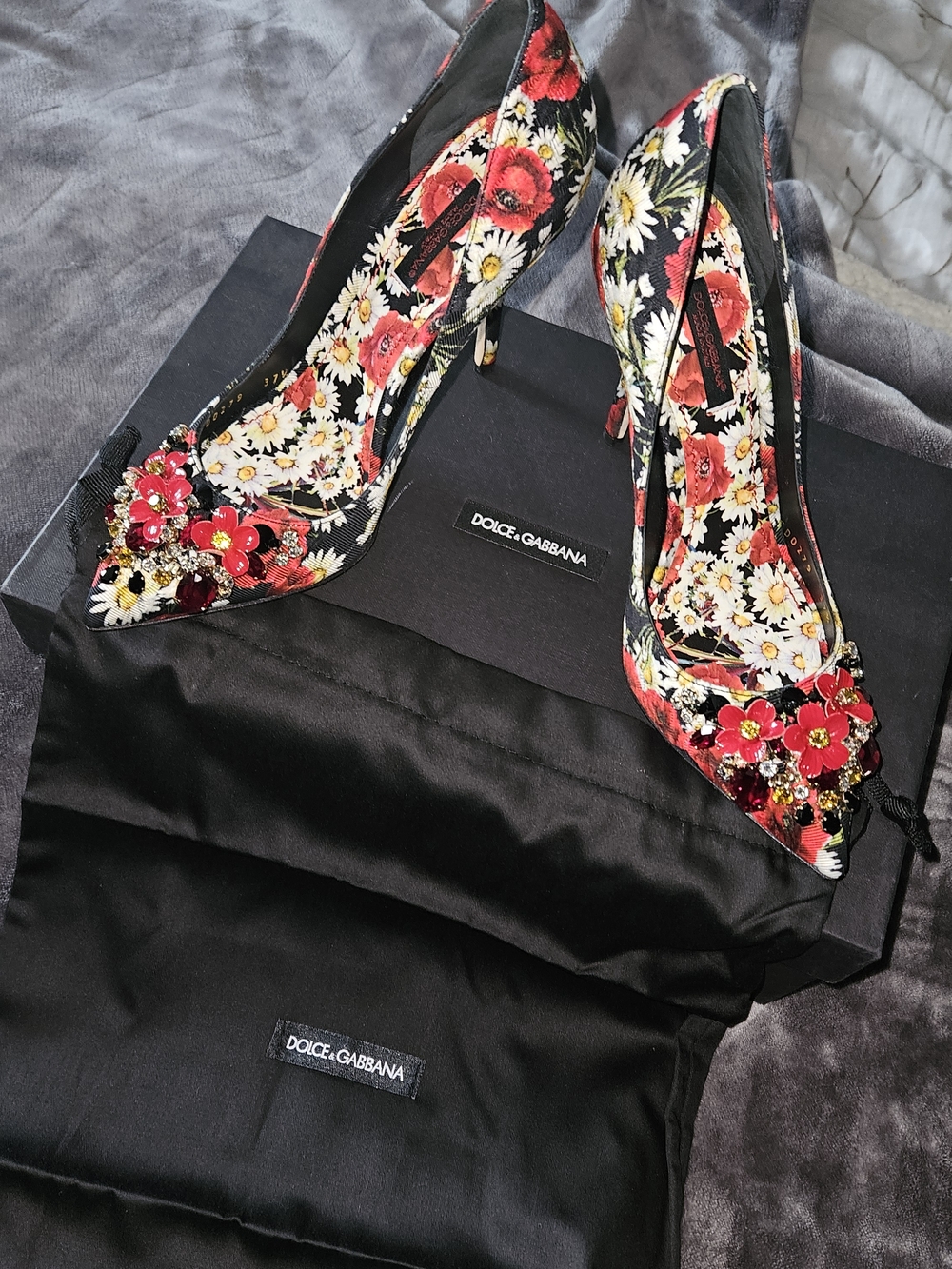 Dolce & Gabbana Black Floral Pointed Toe Pumps with Red Jeweled Flowers